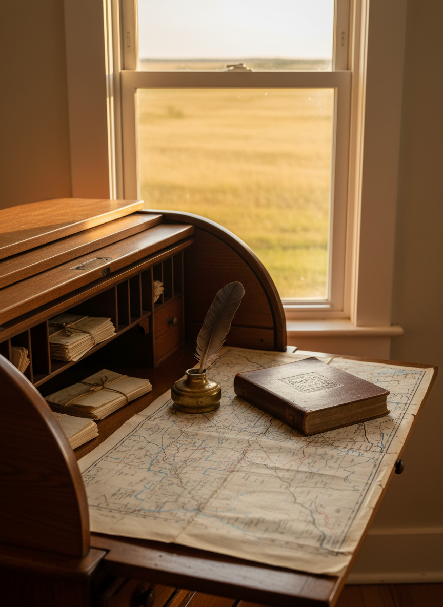 An antique wooden roll-top desk positioned near a narrow prairie farmhouse window, the curved tambour door rolled up to reveal tidy stacks of yellowed letters tied with twine, a leather-bound journal, and a brass inkwell with a feather quill. A detailed county map from the early 1900s is partially unrolled across the writing surface, showing faded township lines and railway routes. Outside the window, blurred golden fields stretch to the horizon. Early evening golden hour light streams in at an angle, illuminating the map’s creases and catching the soft sheen of the desk’s varnish. Captured in a cinematic, eye-level composition with moderate depth of field, the foreground elements are sharp while the fields beyond appear gently out of focus, creating a sophisticated, reflective atmosphere in realistic photographic style.