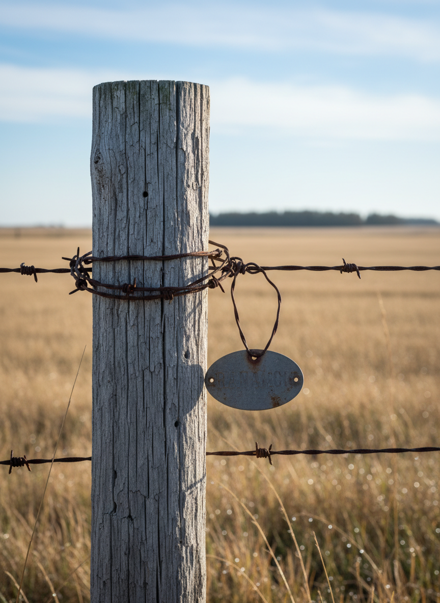 A weathered wooden fence post at the edge of an expansive prairie field under a wide, pale-blue sky, its gray grain deeply cracked by years of sun and wind. Rusted barbed wire is twisted tightly around the post, and a faded metal tag bearing an almost illegible ranch name hangs loosely, clinking softly against the wood. In the background, golden grasses ripple in soft focus, stretching to a distant line of dark trees. Early morning light washes the landscape in cool, gentle tones, creating long, subtle shadows and a hint of dew sparkle on nearby blades of grass. Captured at a close, low-angle perspective with shallow depth of field, the fence post is sharply detailed while the horizon melts into a smooth bokeh. The overall effect is serene, austere, and contemplatively elegant in photographic realism.