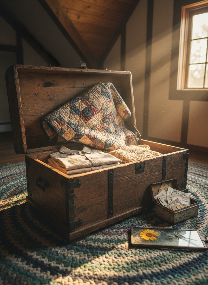 A sturdy handcrafted wooden trunk with iron hardware sits open on a braided rag rug in a sunlit prairie attic, its interior neatly filled with heirloom textiles: a hand-stitched quilt with muted calico patterns, neatly folded linen shirts, and a crocheted shawl in soft cream tones. Beside the trunk rests a small tin box overflowing with labeled seed packets and a single pressed wildflower between glass panes. Slanted beams of warm afternoon light enter through a small dormer window, illuminating dancing dust motes and casting delicate shadows across the quilt’s stitched patterns. Shot from a low, three-quarter angle with the trunk at the center of the frame, the composition draws the viewer’s eye into the textures of fabric and wood. The mood is intimate and quietly luxurious, rendered in detailed photographic realism.