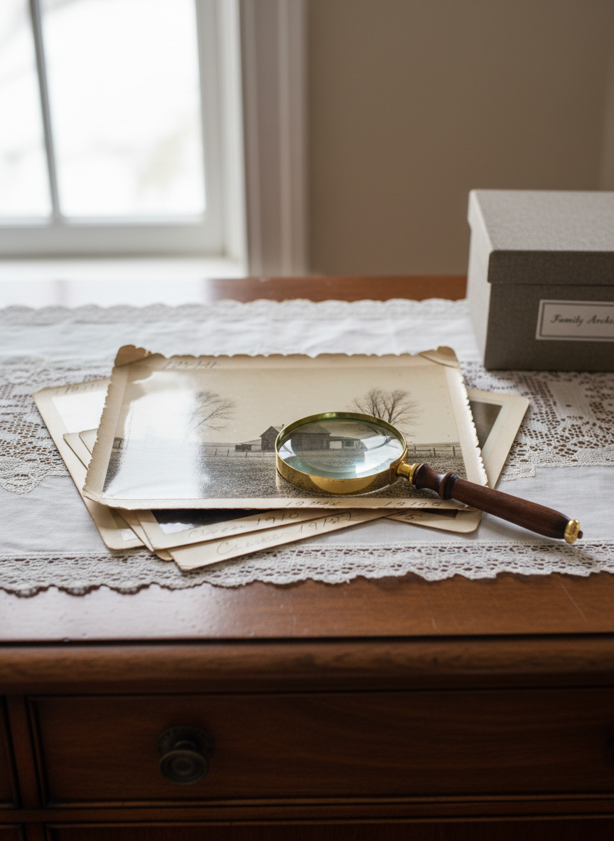 A stack of carefully preserved black-and-white photographs arranged on a lace runner atop a polished walnut sideboard in a prairie farmhouse parlor. The top photograph shows an indistinct rural homestead, its edges scalloped and slightly curled, with dates neatly written on the reverse sides of the visible photos beneath. A magnifying glass with a dark wooden handle rests partly over the top image, and a small archival box sits in the background. Diffused overcast daylight from an adjacent window illuminates the scene, creating gentle reflections on the glass and soft shadows around the photos. Shot from a slightly elevated angle using rule-of-thirds composition, the image maintains crisp detail in the foreground and a soft falloff toward the back, conveying a refined, nostalgic mood in crisp photographic realism.